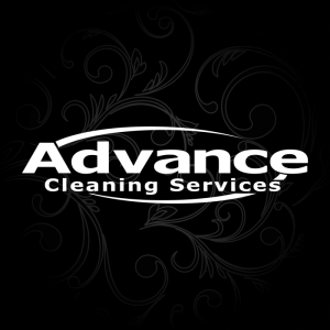 The Advance Cleaning Services logo in bold white typography framed by top and bottom curved swooshes, set against a dark background with subtle, elegant floral swirl patterns.